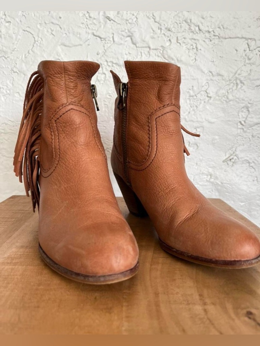 Sam Edelman Cognac Leather Fringe Ankle Booties
